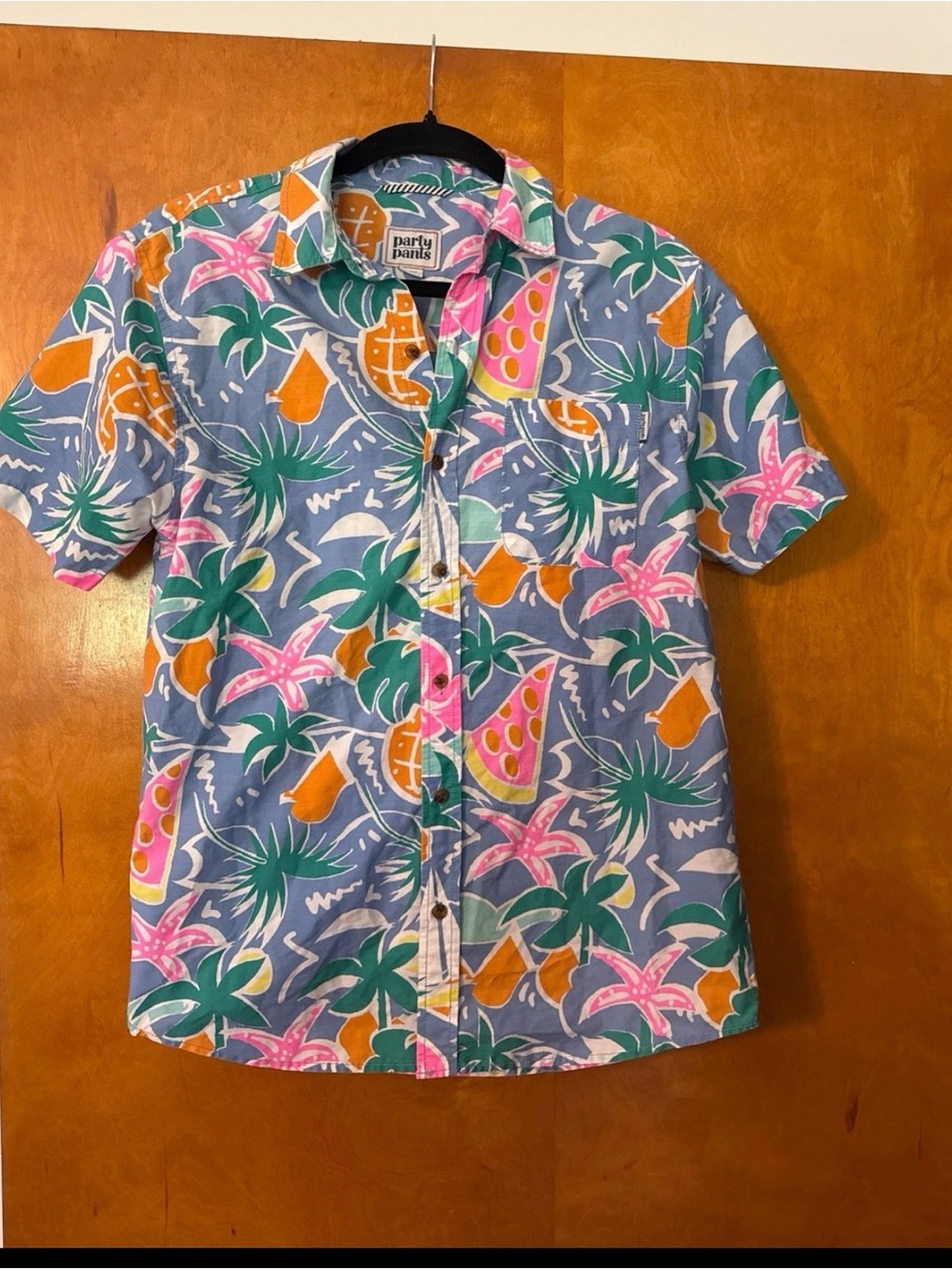 Party Pants Men's Tropical Button-Down Shirt - Blue with Pink & Green Print